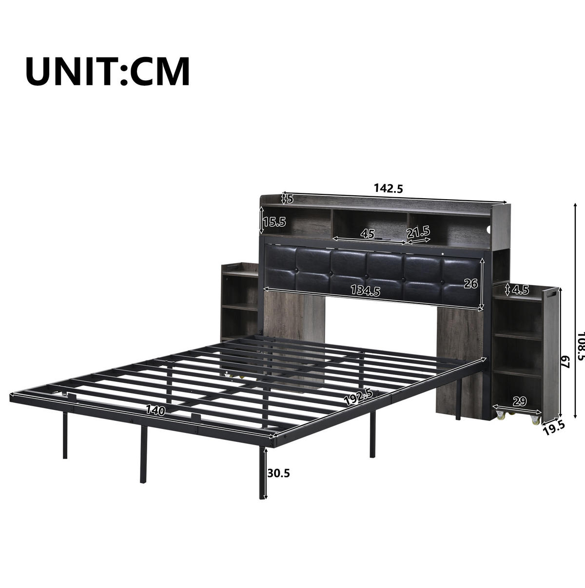 BETT 140/190 cm Grau mit LED-Beleuchtung und USB- und Type-C-Anschlüssen - Grau, Metall (140/190cm) - Flora Grace