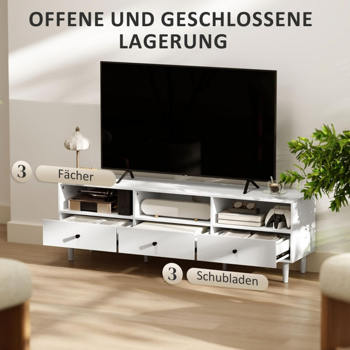 TV-LOWBOARD aus Spanplatte 140x34x45 cm Weiß mit Kabeldurchführung und 3 Schubladen - Weiß, Holzwerkstoff (140/45/34cm) - Modfu