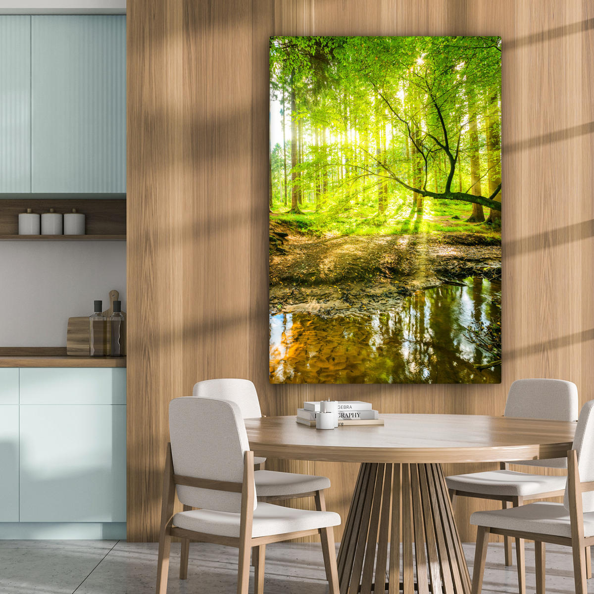 LEINWANDBILD Wald - Landschaft - Wasser - Bäume - Sonne - Grün - Natur 90x140 cm - Grün, Textil (90/140cm) - MuchoWow