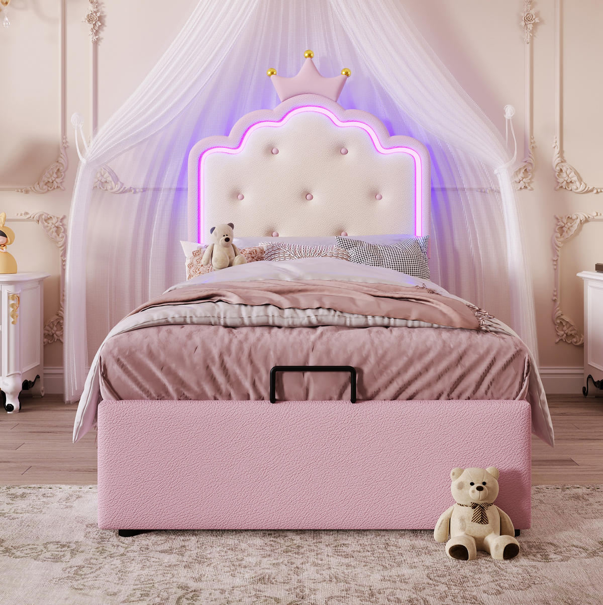 BETT mit Stauraum und Lattenrost 90x200 cm PU Pink - Pink, Metall (90/200cm) - Meubliv