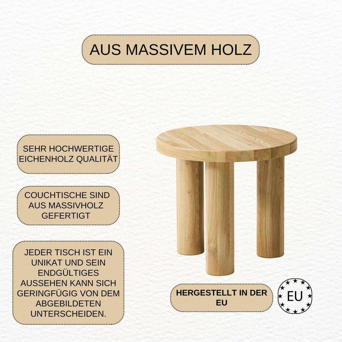 COUCHTISCH Eichenholz vollmassiv rund Naturbelassenen 50/50/45 - Naturfarben, Holz (50/50/45cm)