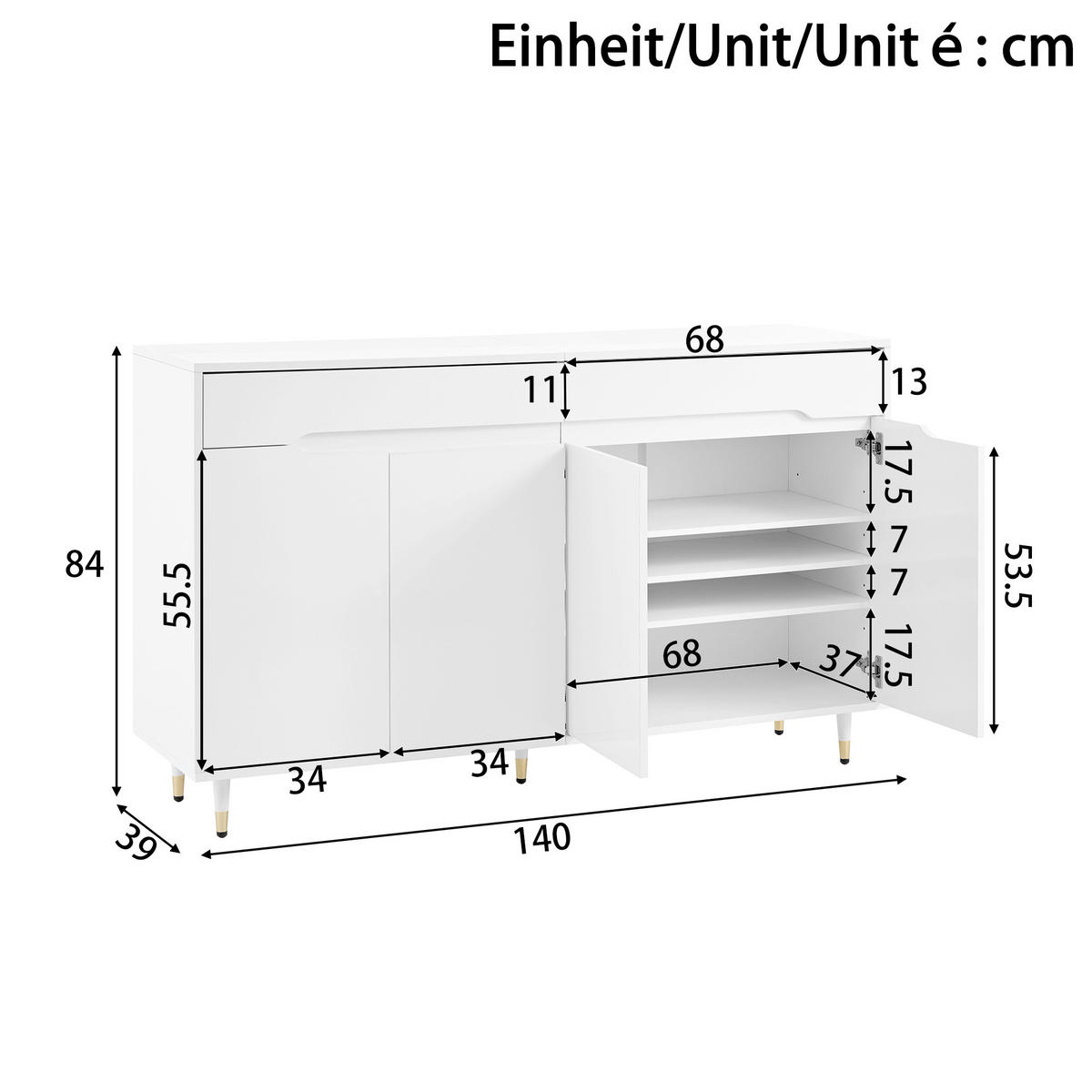 SIDEBOARD 2 Türen, 2 Schubladen, Goldene Beine Platz für 18–24 Paar Schuhe, Verstellbare Regale, Weiß - Weiß, Holzwerkstoff (140/84/39cm) - Urban Meuble