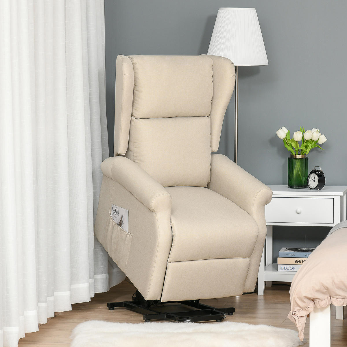 FERNSEHSESSEL mit Aufstehhilfe Leinen Cremeweiß - Creme/Schwarz, Holz/Textil (94/111/74cm) - HOMCOM