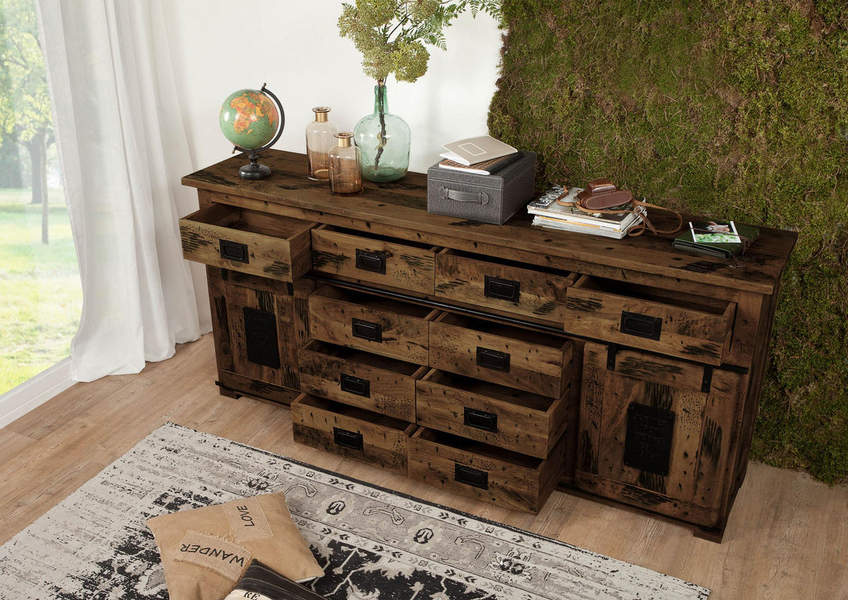 SIDEBOARD Mango 200x45x90 braun lackiert RAILWAY #422 - Dunkelbraun/Braun, Holz (200/90/45cm) - Massivmoebel24