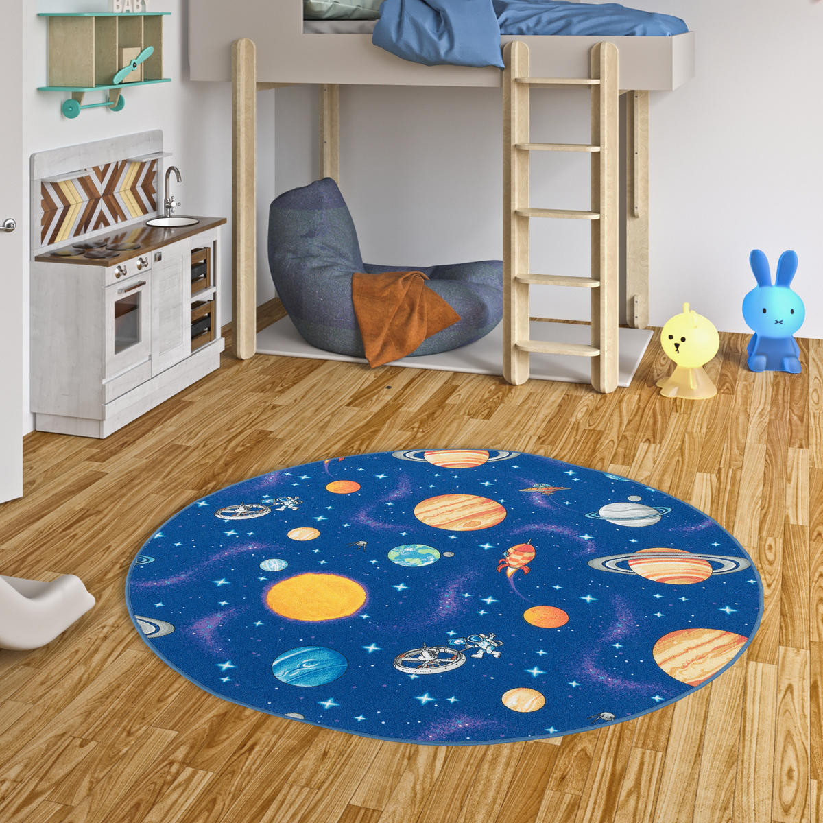 KINDER SPIEL TEPPICH WELTALL RUND - Blau, Textil (100/100cm) - Snapstyle