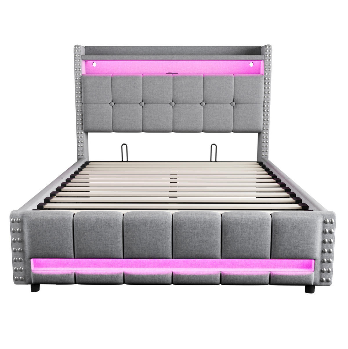 POLSTERBETT mit Bettkasten, LED und USB 140x200 cm Leinen Hellgrau - Hellgrau, Metall (140/200cm) - Beauniv