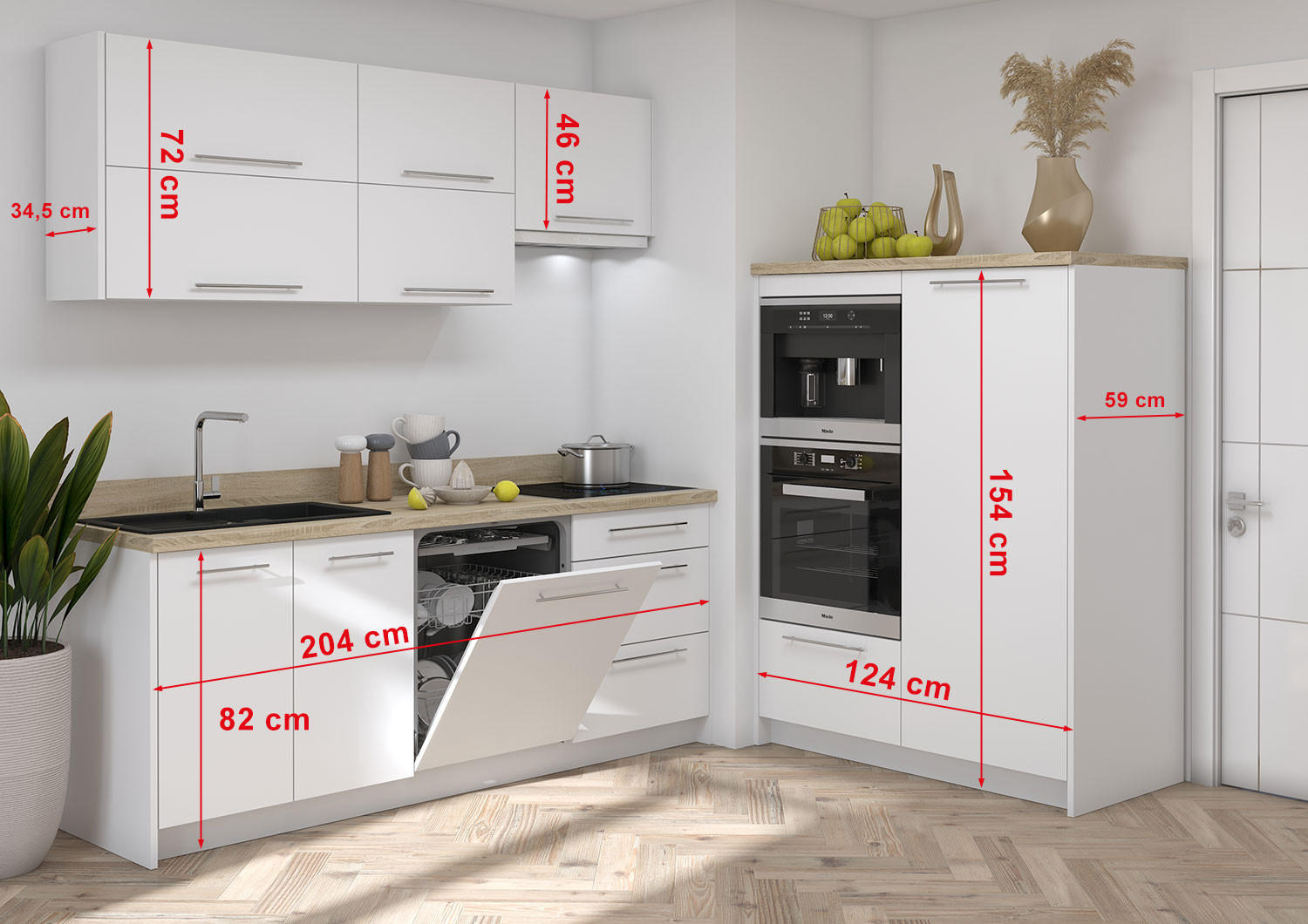 KÜCHENLEERBLOCK Bonn Weiß / Weiß Matt 10-teilig - Weiß, Holzwerkstoff/Metall (204/204/124cm) - Feldmann-Wohnen