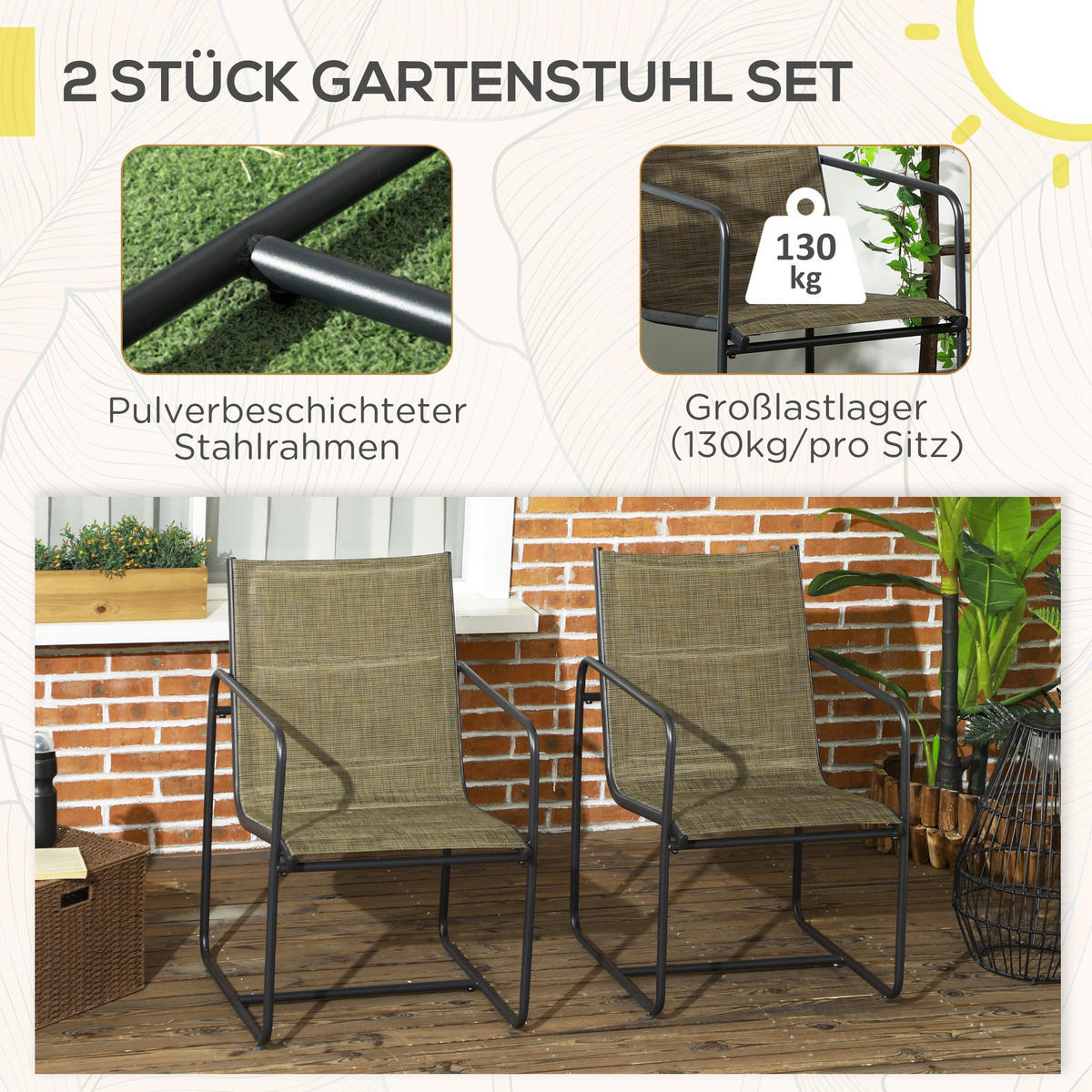 GARTENSTÜHLE 2er-Set, Stahl, Mesh, Braun - Braun, Metall (66.5/88/54cm) - Outsunny