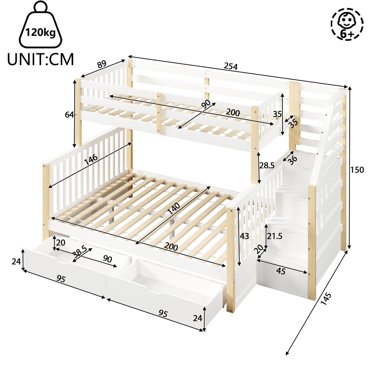 ETAGENBETT 90/200 & 140/200 cm aus Kiefer mit Schubladen Weiß/Natur - Naturfarben, Holz (140/200cm) - Modenvie