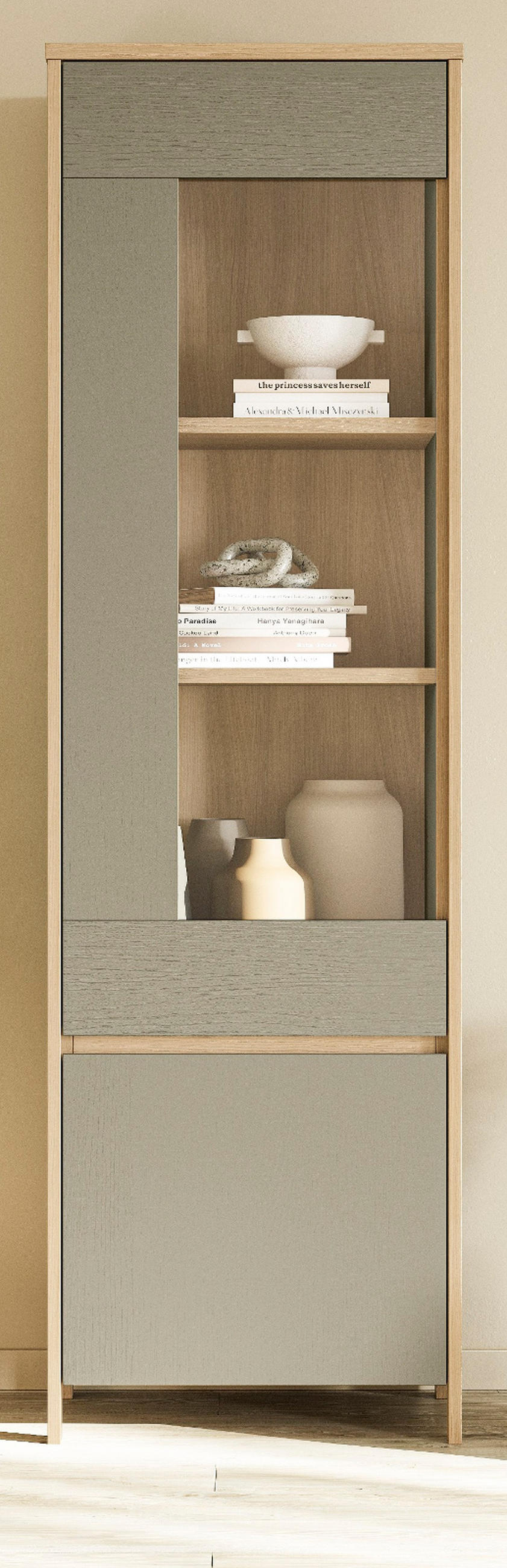 VITRINE Salbei grün, Eiche 58 cm, Vitrinenschrank mit Soft-Close - Salbeigrün/Eichefarben, Glas/Holzwerkstoff (58/195/39cm) - Furn.Design