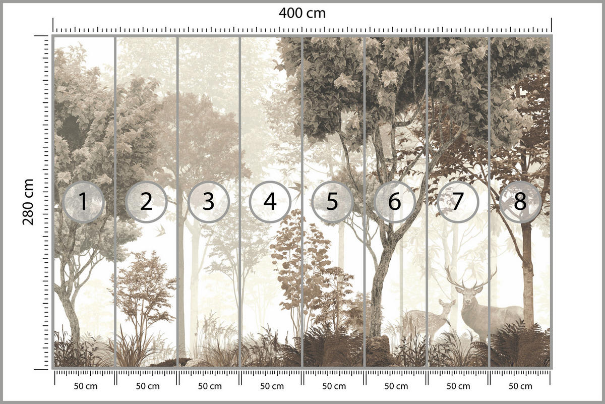 FOTOTAPETE für Esszimmer Vintage Wald Bäume Hirsche 400x280 - Gelb/Beige, Papier (400/280cm) - Muralo