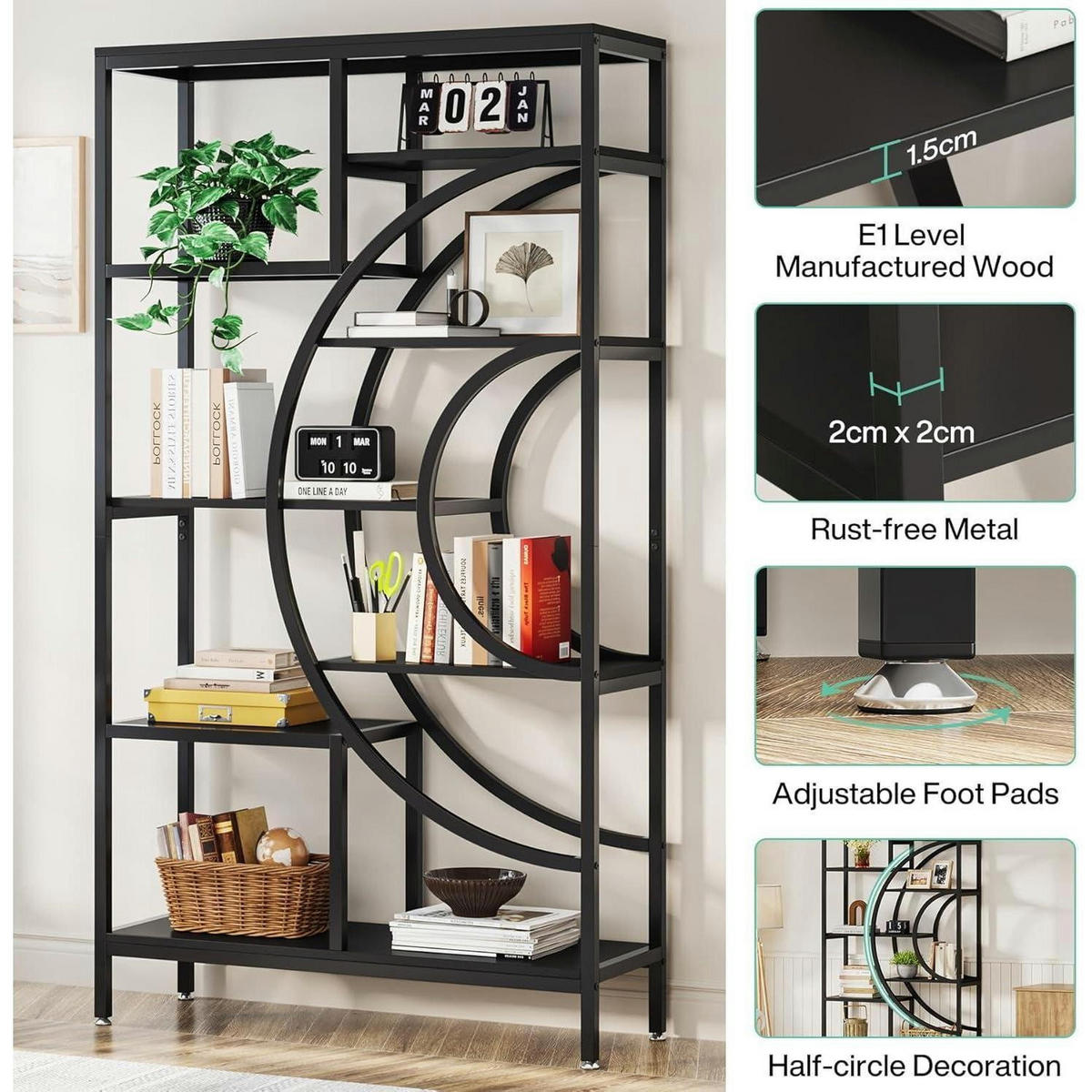 BÜCHERREGAL Geometrisch 179cm Schwarz - Schwarz, Metall (100/179/30cm)