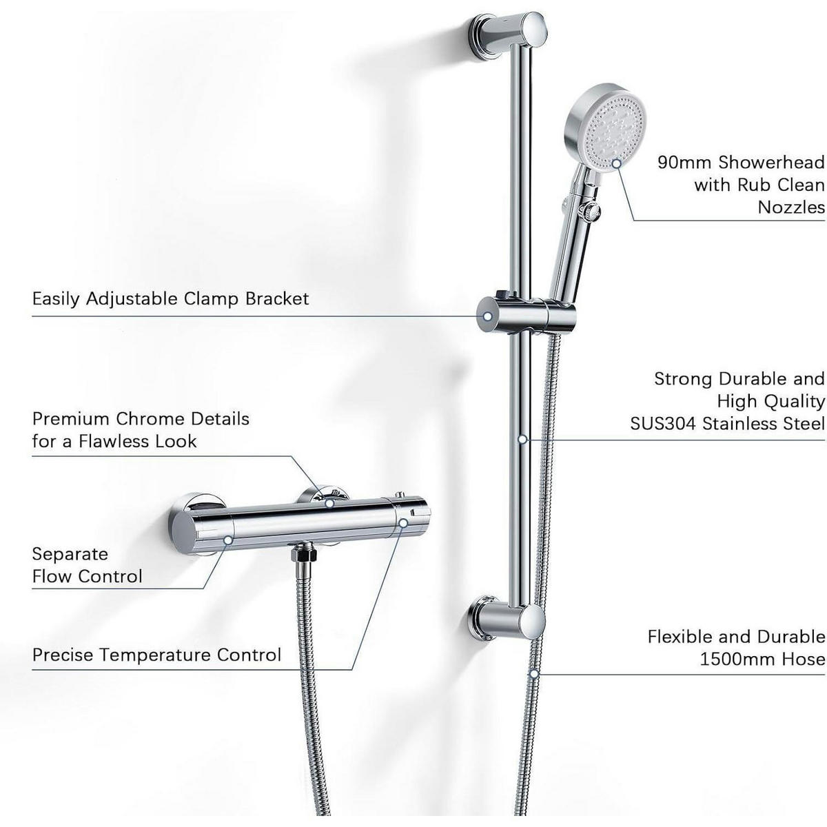 DUSCHARMATUR Set mit Thermostat und Handbrause 635mm Duschstange Chrom - Silberfarben, Metall (30/10.5/61.5cm)