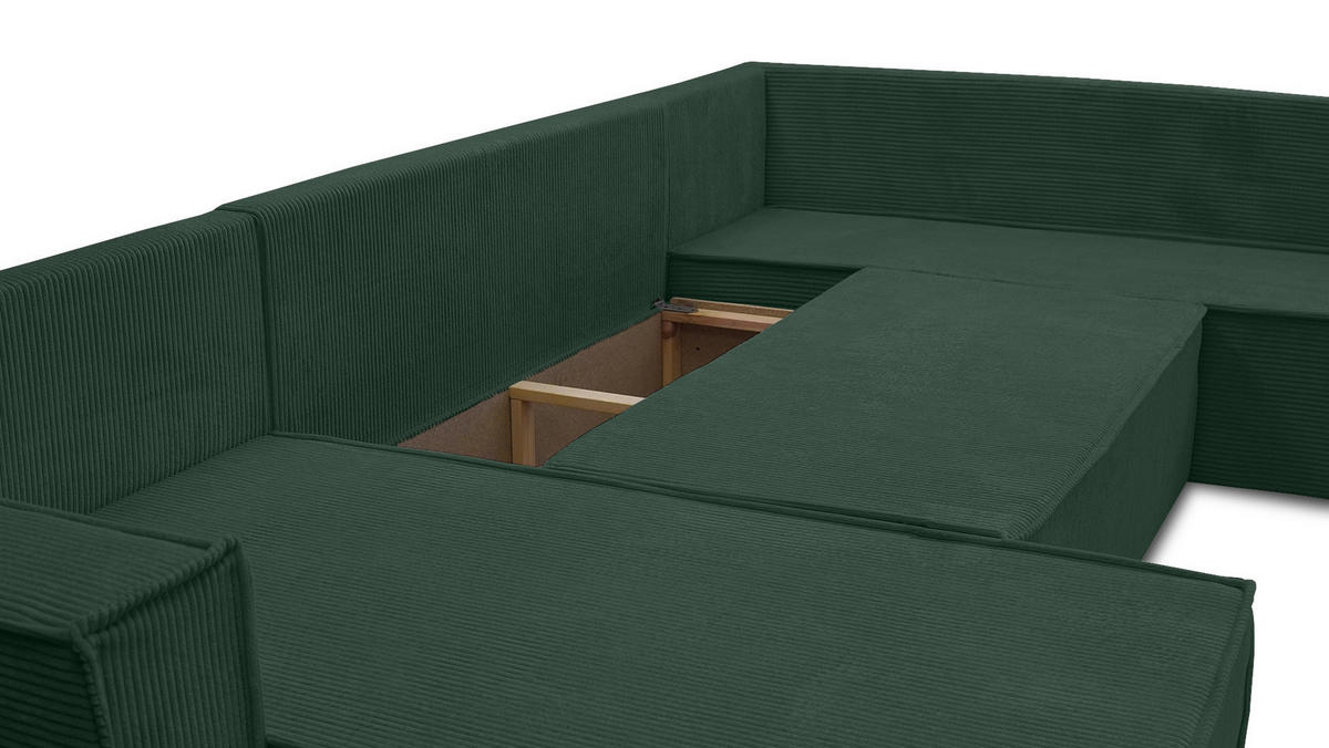 WOHNLANDSCHAFT Lovere U Dunkelgrün 314/217/90 cm – mit Schlaffunktion und Bettkasten - Silberfarben/Grün, Textil/Metall (314/90/217cm) - AX Living