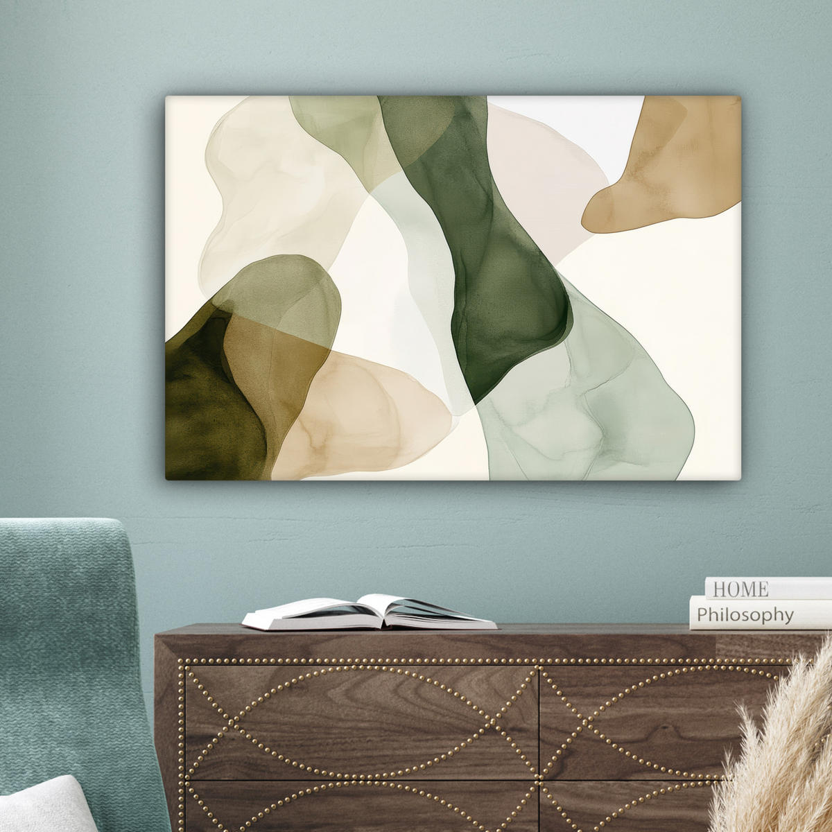 LEINWANDBILD Japandi - Abstrakt - Grün Wanddeko 90x60 cm - Salbeigrün, Textil (90/60cm) - MuchoWow