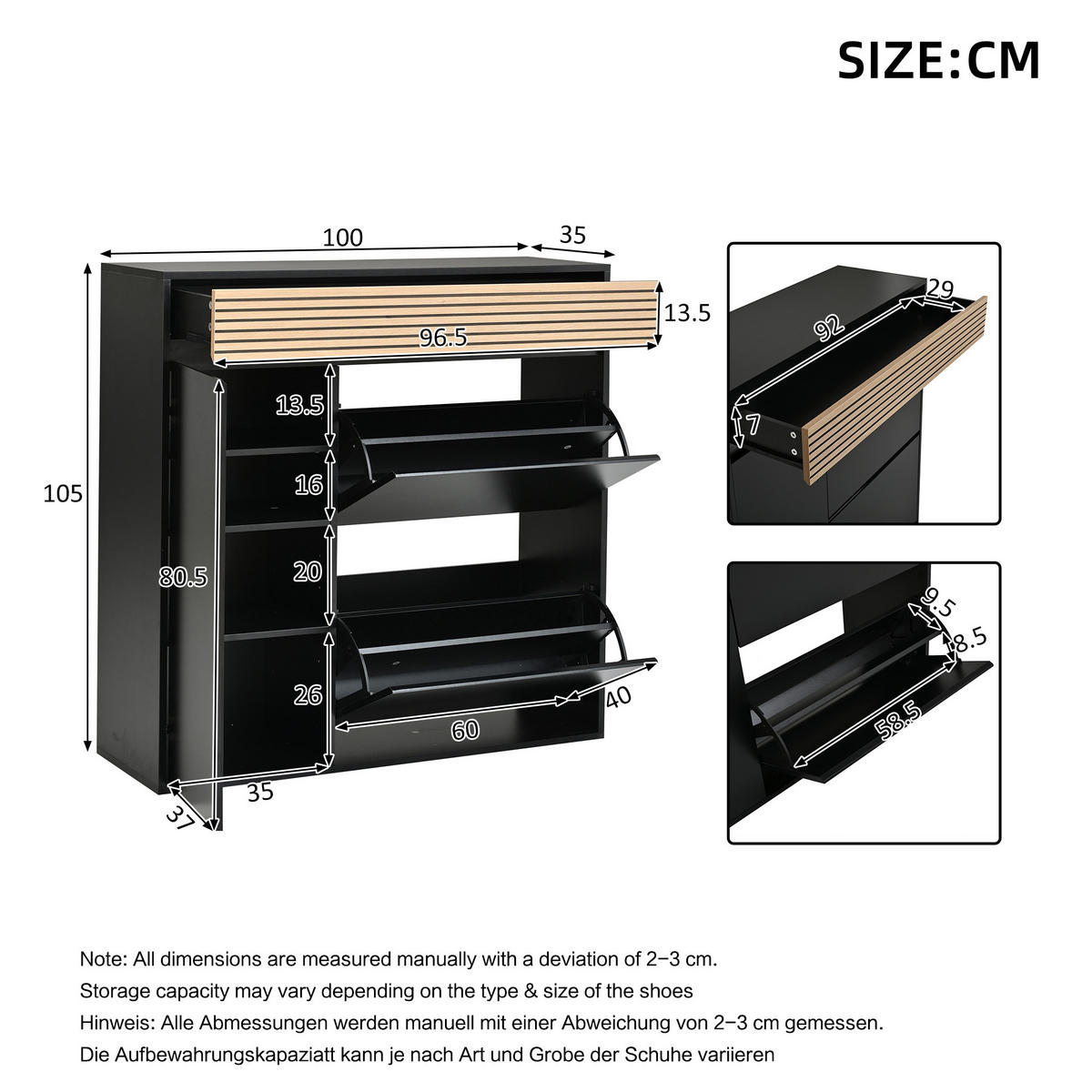 SCHUHSCHRANK 100×35×105cm Schwarz Naturholz mit 2 Klappen - Schwarz/Naturfarben, Holzwerkstoff (100/105/35cm) - FLIEKS