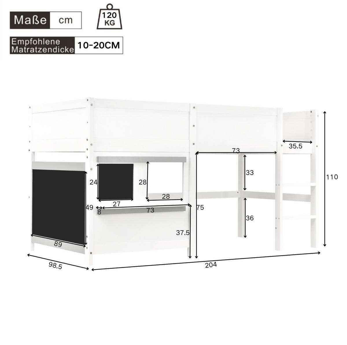 ETAGENBETT 90/200 cm Weiß Spielbett mit Tafel und Ablage - Weiß, Holz (90/200cm) - OKWISH