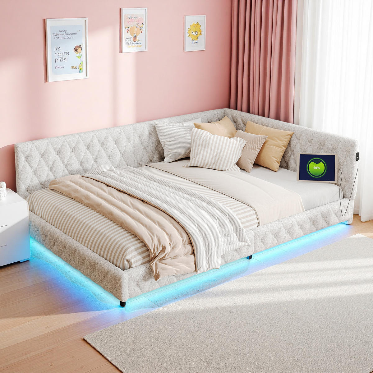 POLSTERBETT 140/200 cm Beige mit LED-Beleuchtung und USB - Beige, Holz (140/200cm) - SHOPENTRA