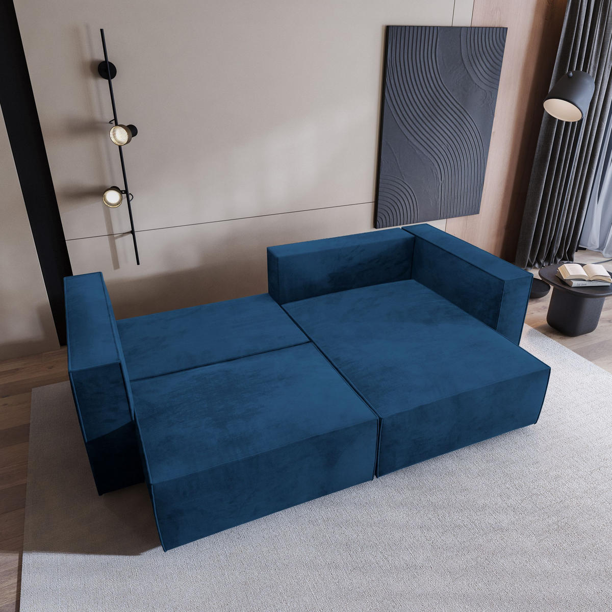 ECKSOFA NERIO M Blau Velours-Stoff mit Schlaffunktion - Blau, Holz (245/148cm) - MASSENO