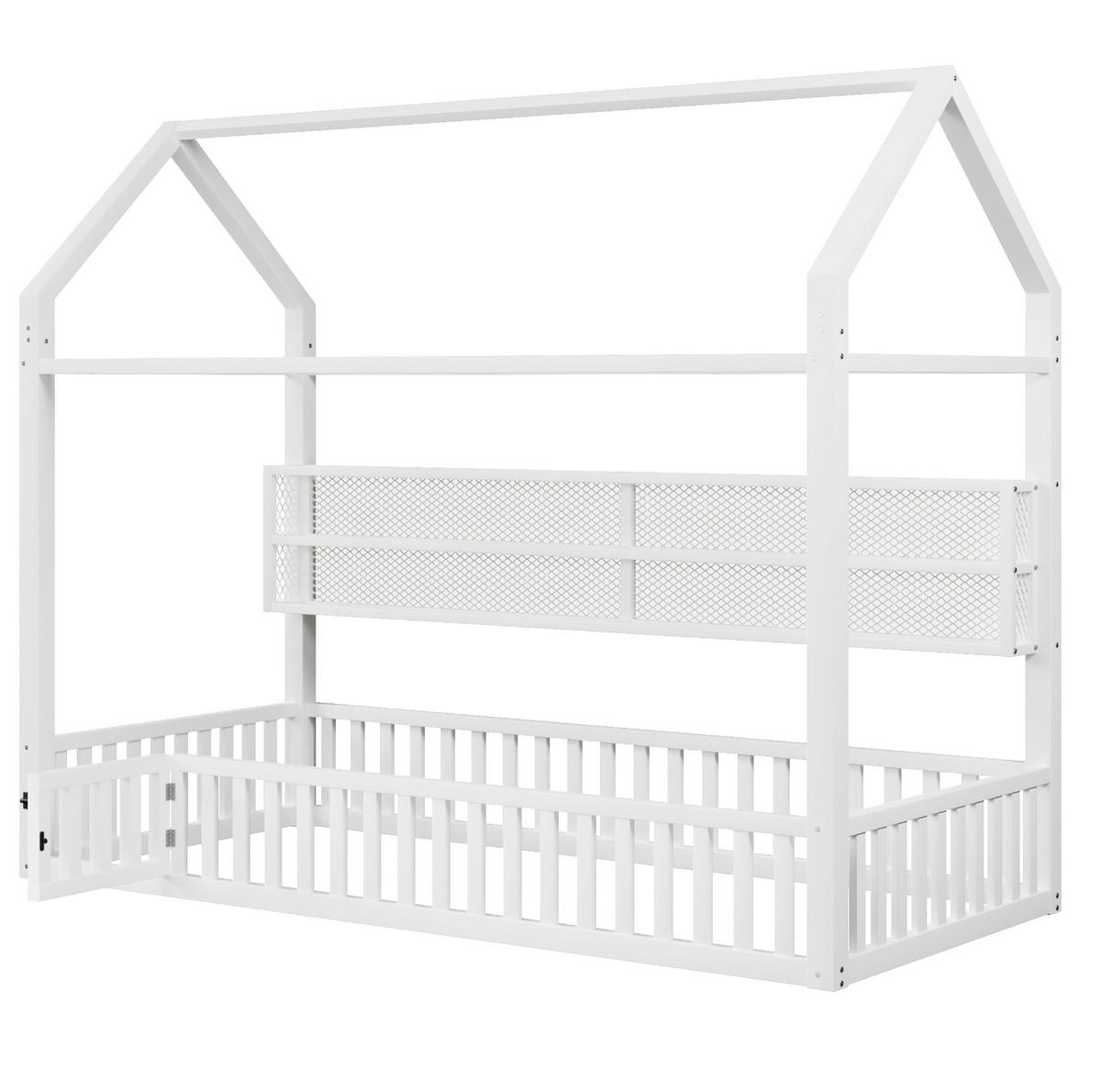 KINDERBETT Hausbett 90/200 cm aus Metall in Weiß mit Sicherheitszaun und LED - Weiß, Metall (90/200cm) - BEAOK