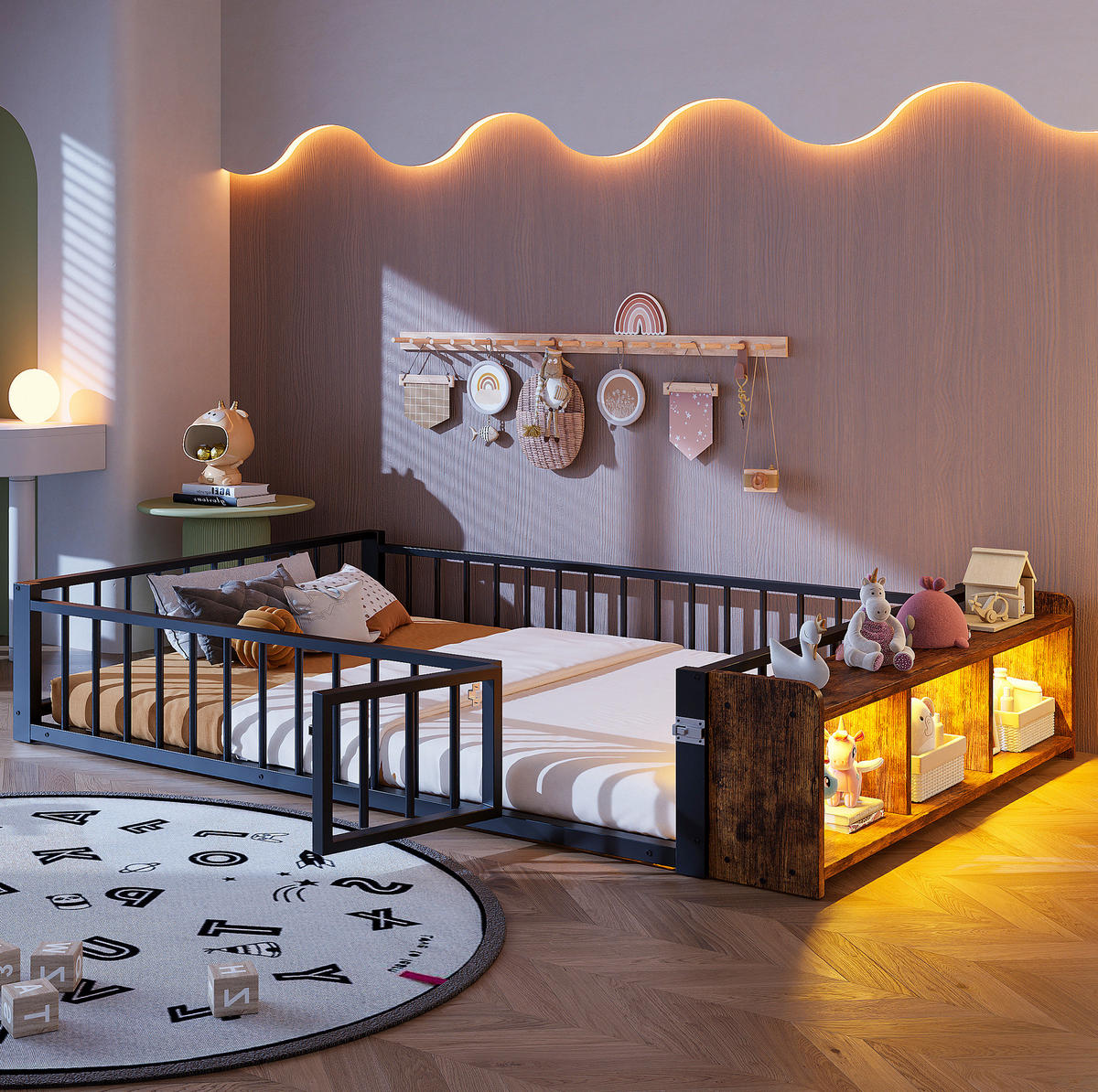 KINDERBETT 140/200 cm Schwarz aus Metall und MDF mit Schutzgeländer und LED-Beleuchtung - Schwarz, Metall (140/200cm) - OKMYHOME