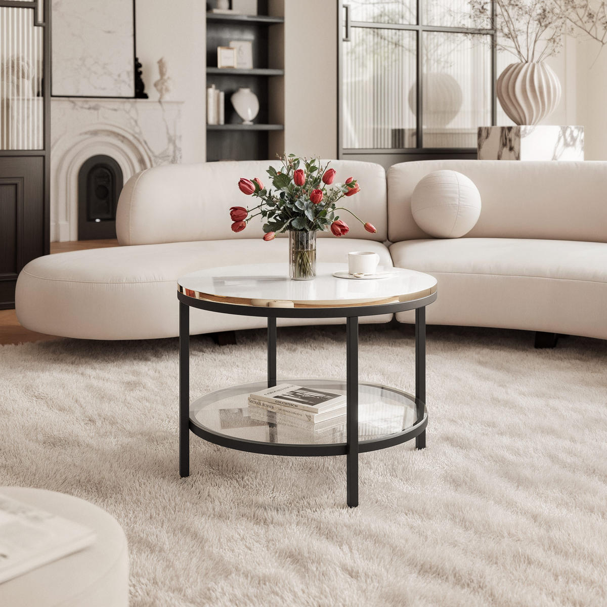 COUCHTISCH CANDY 60/42 cm runden, Schwarz / Weiß Hochglanz / Gold - Weiß Hochglanz/Schwarz, Metall (60/60/42cm) - Idohome