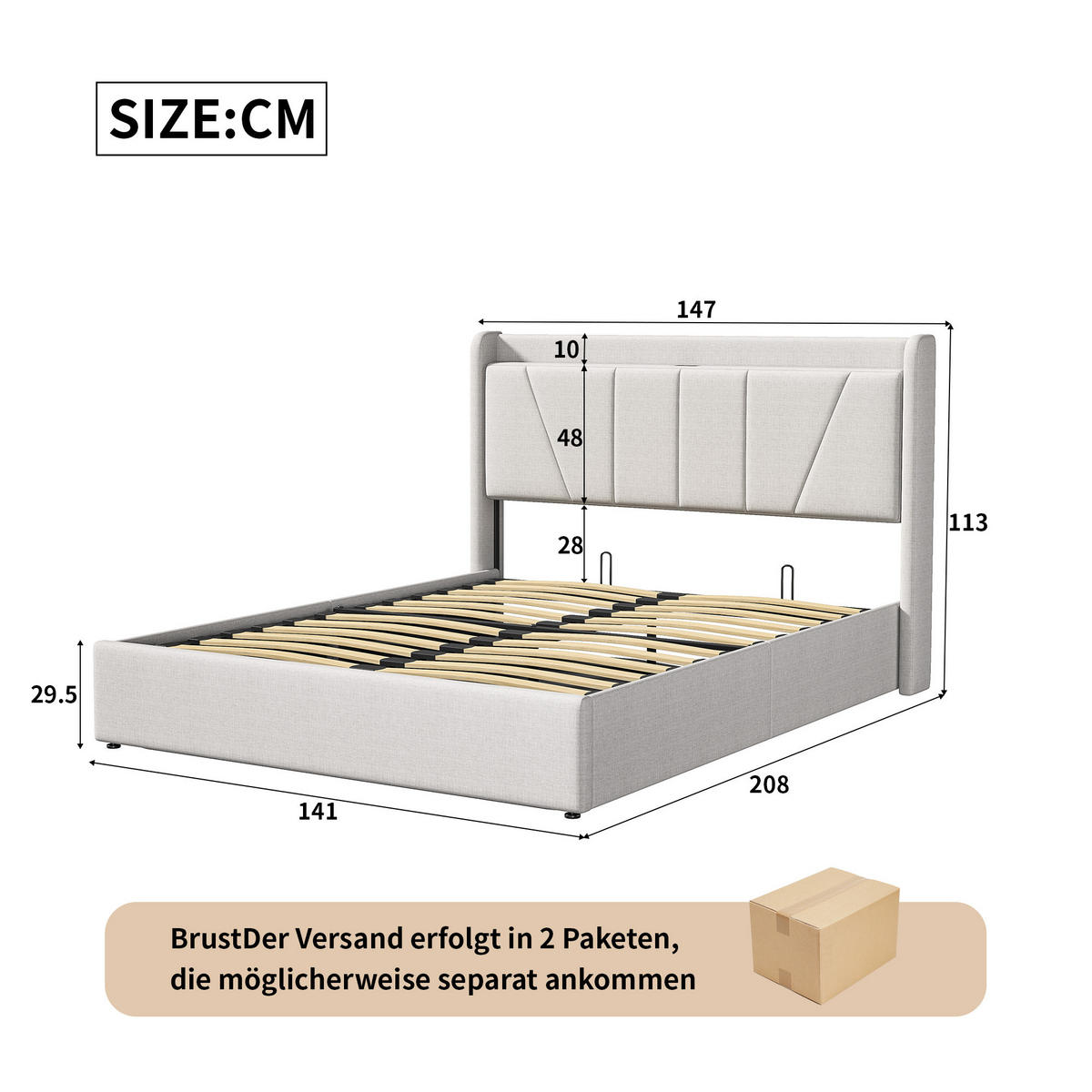POLSTERBETT 140x200 cm mit hydraulischem Stauraum, 2 USB & 1 Typ-C Anschluss, Leinenstoff in Beige - Beige, Holz (140/200cm) - BRILVERDE