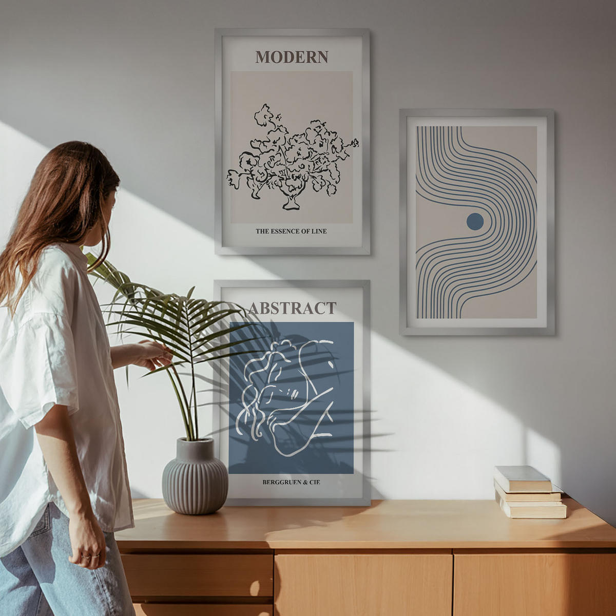 WANDBILDER 3er Set - 40x60 cm Silberner Rahmen - abstrakte Poster mit Blumenlinien - Silberfarben, Kunststoff (40/60cm) - ArtPrintCave