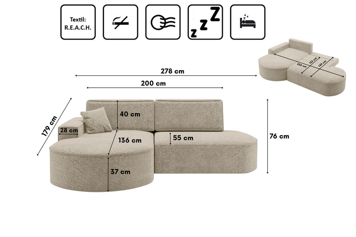 ECKSOFA Modena Pro - Komfort Und Stil stoff Arena Beige Links - Beige, Holz (278/179cm) - Kaiser Möbel