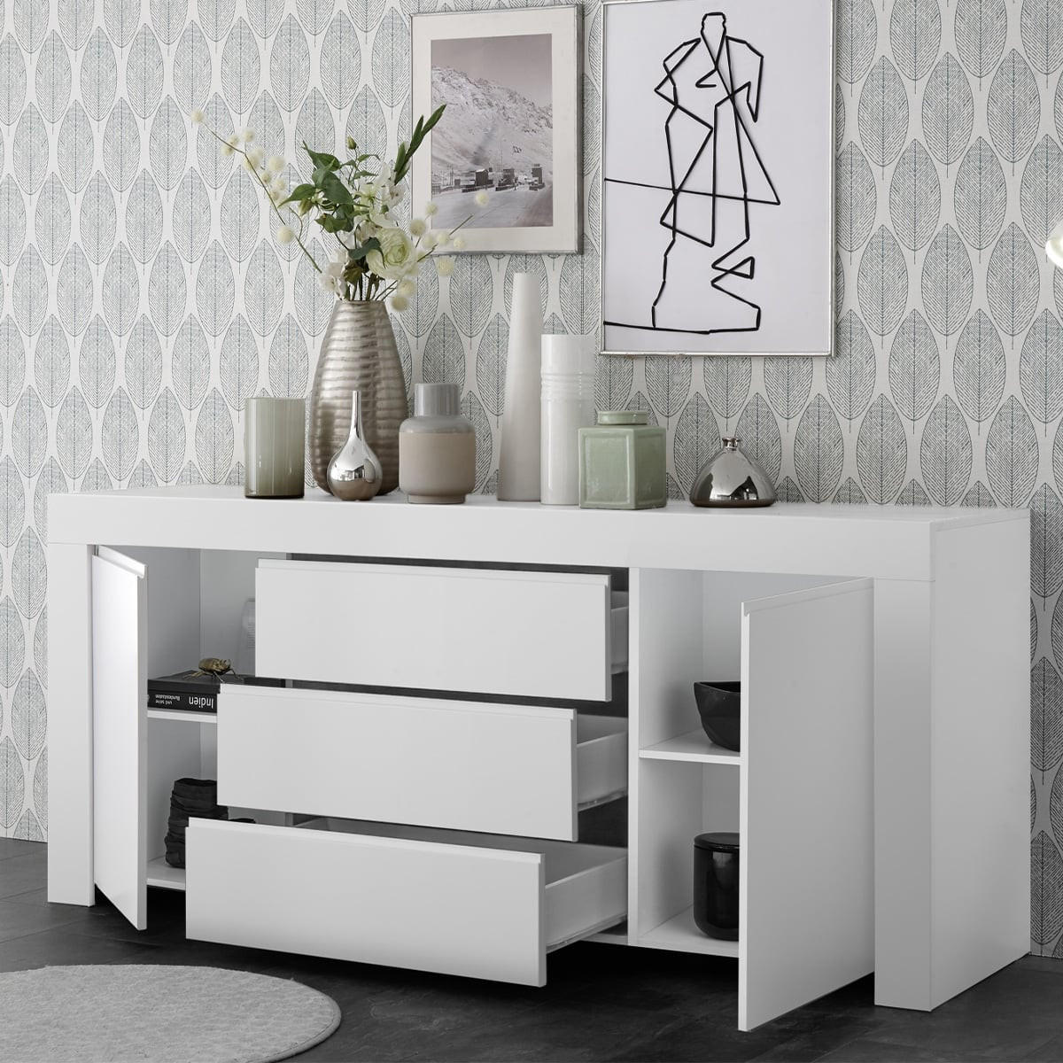 SIDEBOARD mit 2 Türen und 3 Schubladen L184 cm - Firenze - Weiß, Holzwerkstoff (184/81/42cm) - Calicosy