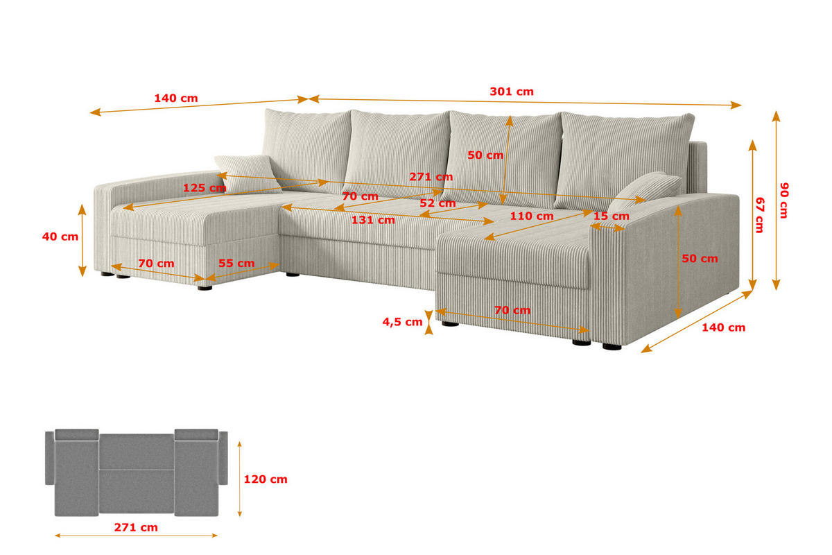 WOHNLANDSCHAFT mit Schlaffunktion und Bettkasten ALESIA-U 301x140x90 cm Grau Cord - Silberfarben/Hellgrau, Holzwerkstoff/Kunststoff (301/90/140cm) - ALTDECOR