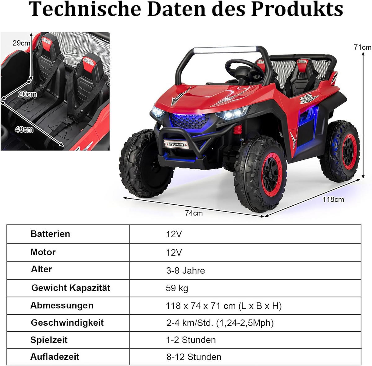 KINDERAUTO 2 Sitzer Rot - Rot, Kunststoff (74/71/118cm) - COSTWAY
