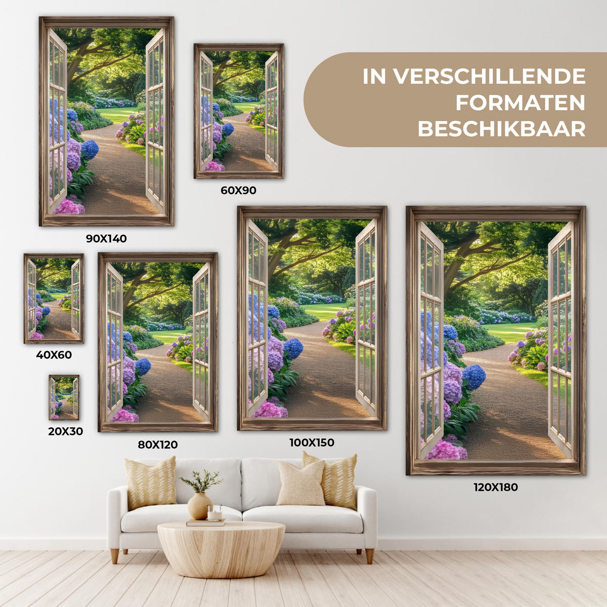 LEINWANDBILD Aussicht - Garten - Fenster - Hortensie - Blumen Deko XXL 80x120 cm - Pastellblau, Textil (80/120cm) - MuchoWow