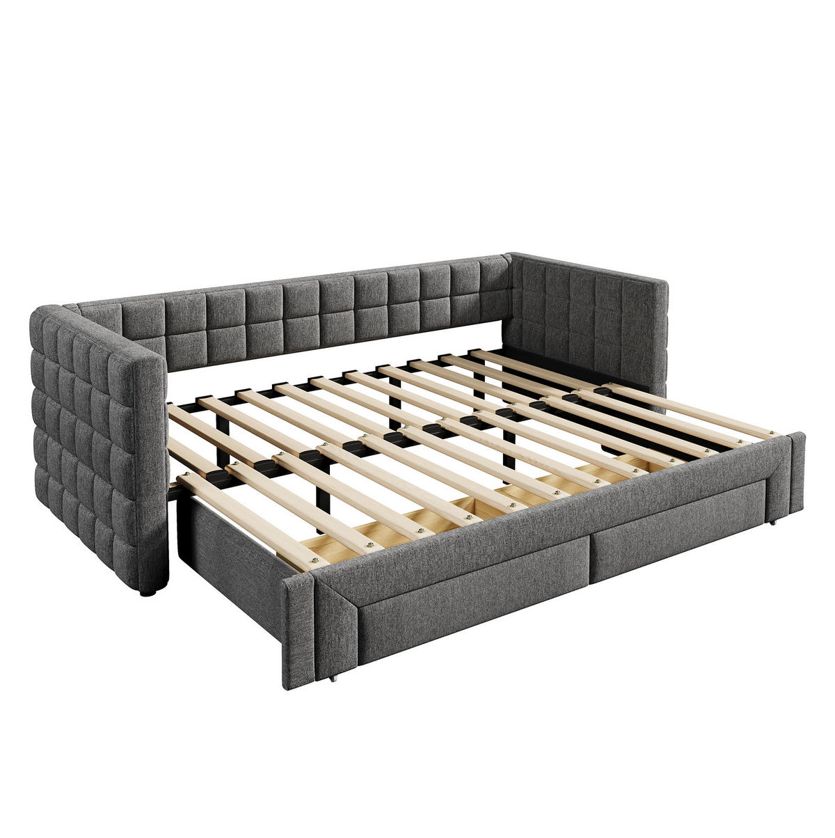 ROZKLADACIA posteľ 90/200 cm sivá zo zamatu a MDF s hranatým operadlom, výsuvným lôžkom a 2 zásuvkami - sivá, textil (90/200cm) - OKWISH