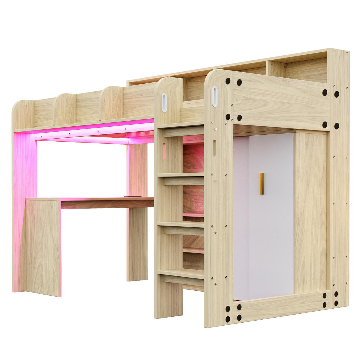HOCHBETT aus Holzwerkstoff 90x200 cm Holzfarbe mit Schreibtisch, Kleiderschrank, LED und Steckdosen - Naturfarben, Holzwerkstoff (90/200cm) - IVMEU