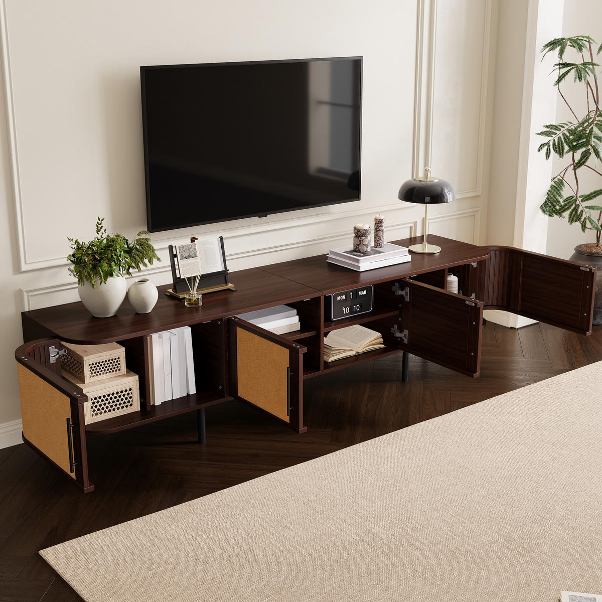 TV-LOWBOARD 180 x 40 x 45 cm aus MDF, Rattanoptik, 4 Türen, Metallfüße, Walnuss - Walnussfarben, Holzwerkstoff (180/45/40cm)