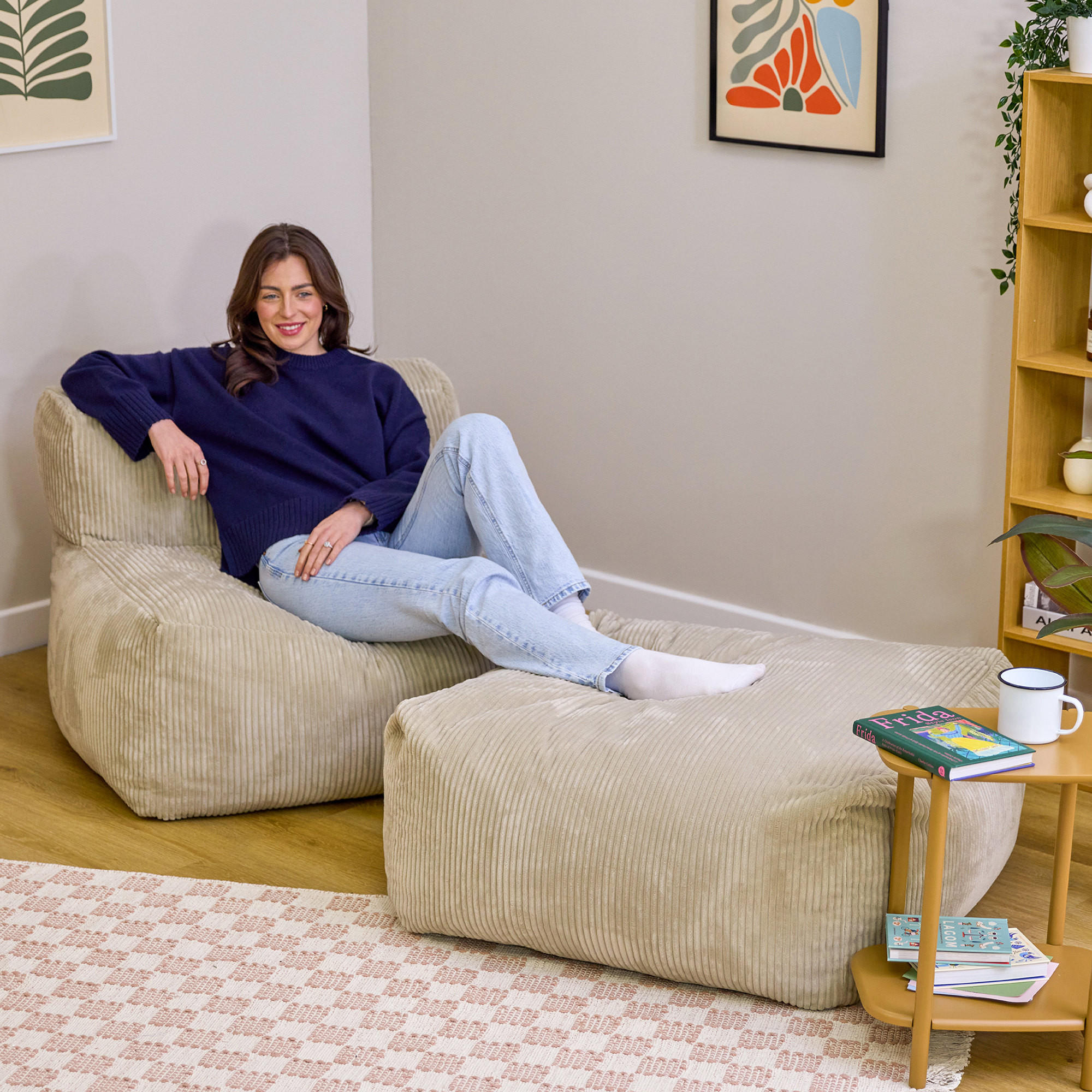 SITZSACK-SOFA 2-tlg.: Ecksessel, Fußstütze - Beige, Textil (550/46/95cm) - icon