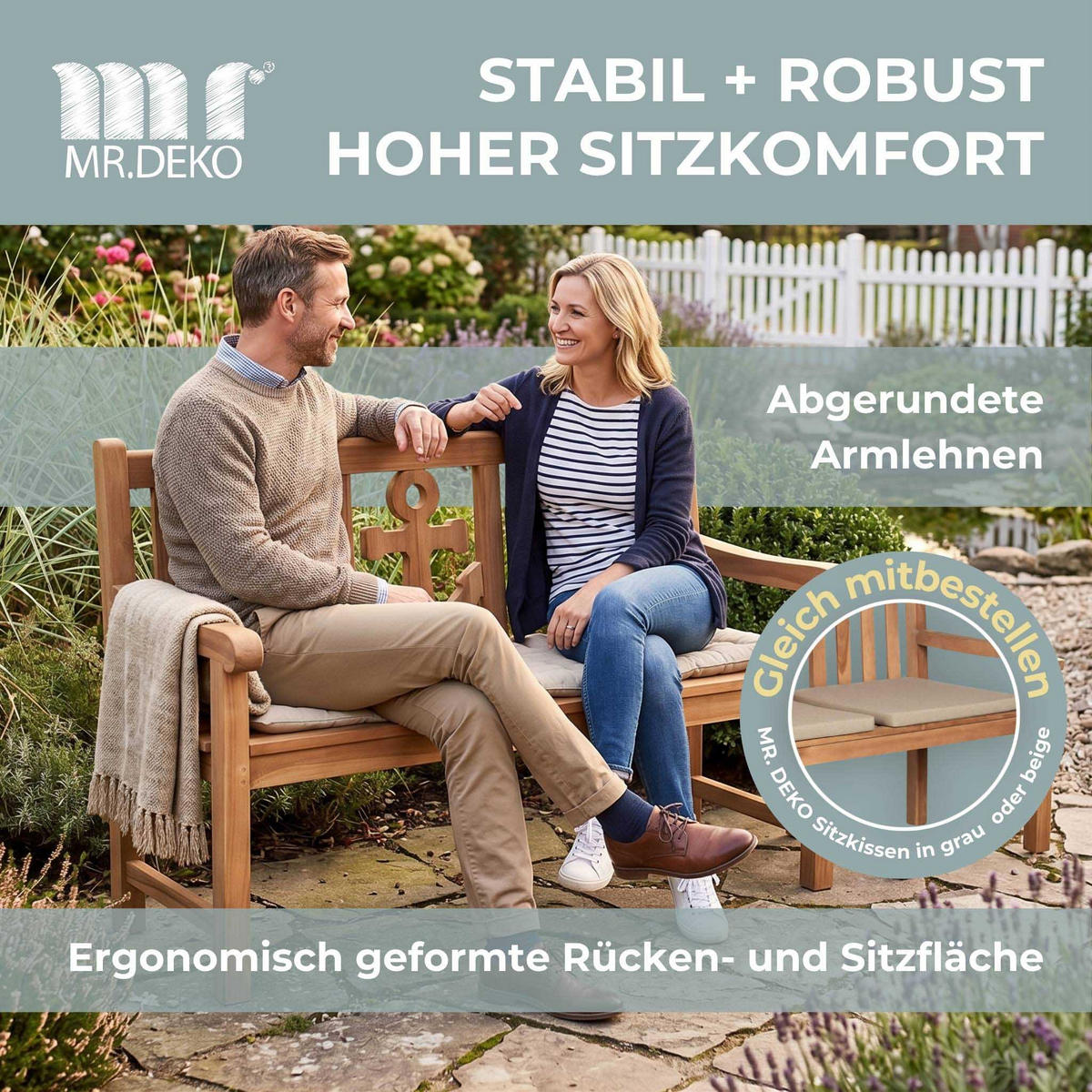 GARTENBANK Anker - Naturfarben, Holz/Metall (120/94/60cm) - Mr. Deko