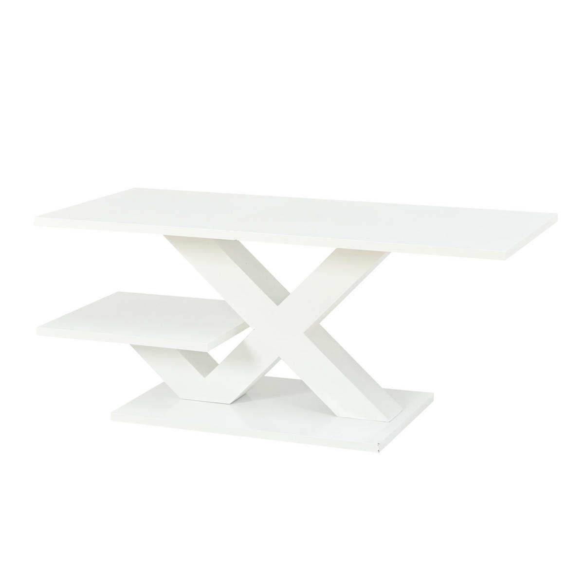 COUCHTISCH aus MDF 100x48x45 cm Weiß Hochglanz mit 2 Ablageflächen und X-Gestell - Weiß, Holzwerkstoff (100/48/45cm) - IVMEU