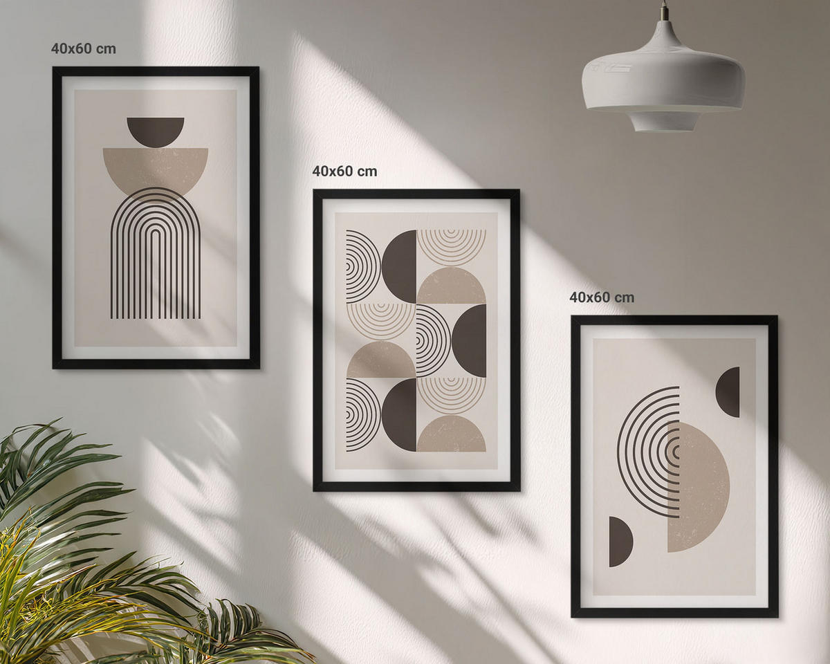 BILDER SET 3er Set - 40x60 cm Schwarzer Rahmen - Abstrakte Minimalismusmuster - Schwarz, Kunststoff (40/60cm) - TULUP