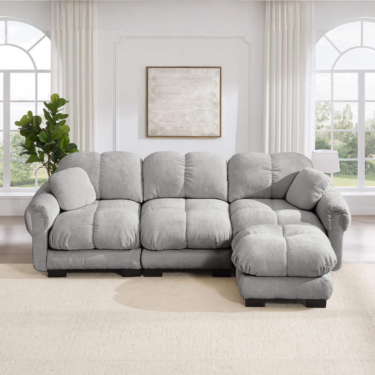ECKSOFA DE-34384 L-Form mit Ottoman und Steppdesign Hellgrau - Hellgrau, Textil (149/260cm) - ComfortXL