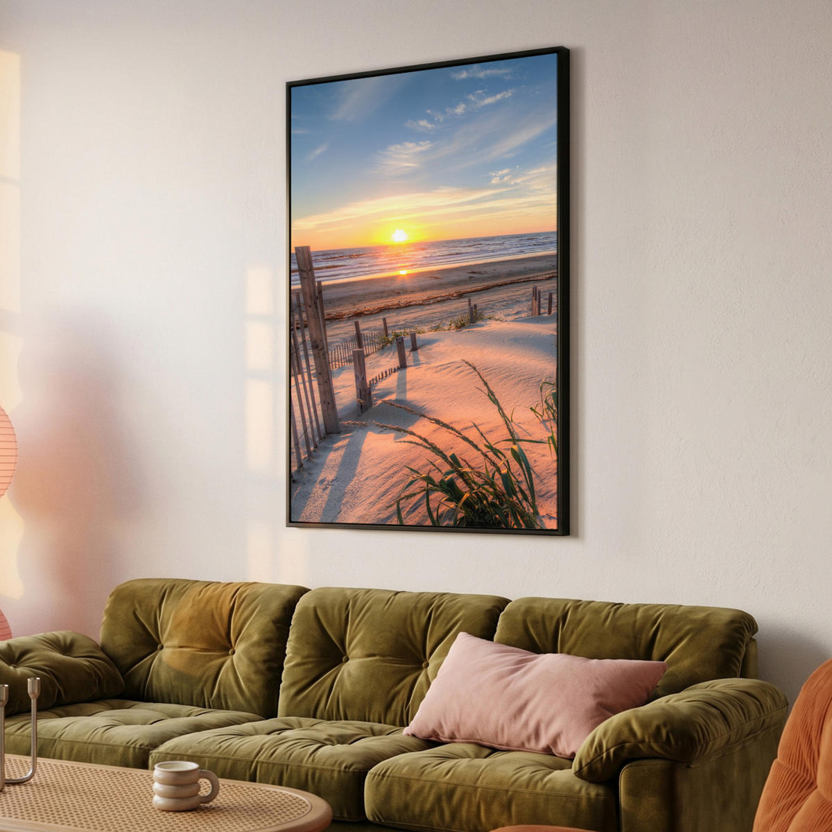 LEINWAND Bilder mit Rahmen - Strand - Meer - Düne - Sonnenuntergang - Landschaft - 80x120 - Beige, Textil (80/120cm) - MuchoWow
