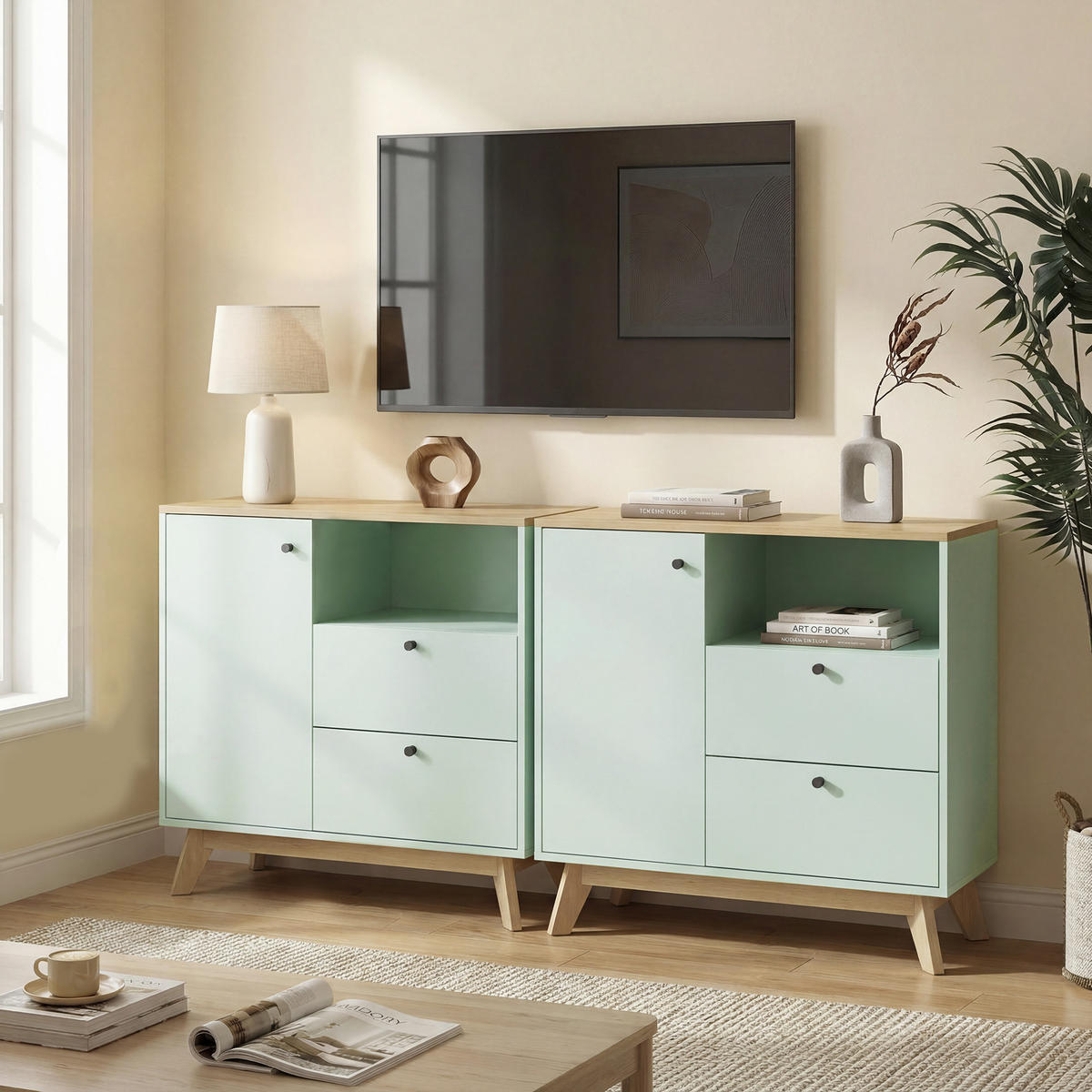 SIDEBOARD DE-11315 Mit 1 Tür, 2 Schubladen Hellgrün/Eiche - Hellgrün, Holzwerkstoff (80/76.3/35cm) - ComfortXL
