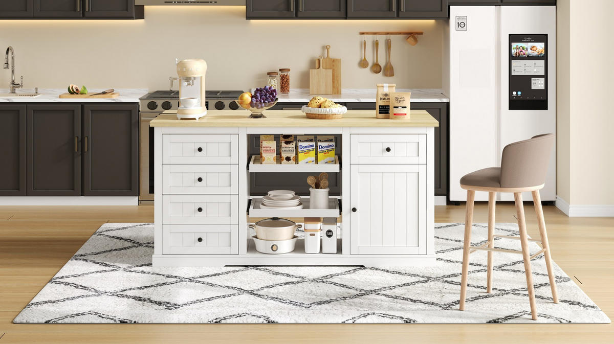 SIDEBOARD mit 5 Schubladen, 2 Ausziehböden und klappbarer Erweiterungsplatte, integrierte Steckdosen, 150/65/75 cm, Weiß und Natur - Weiß, Holzwerkstoff (150/75/65cm) - Redom