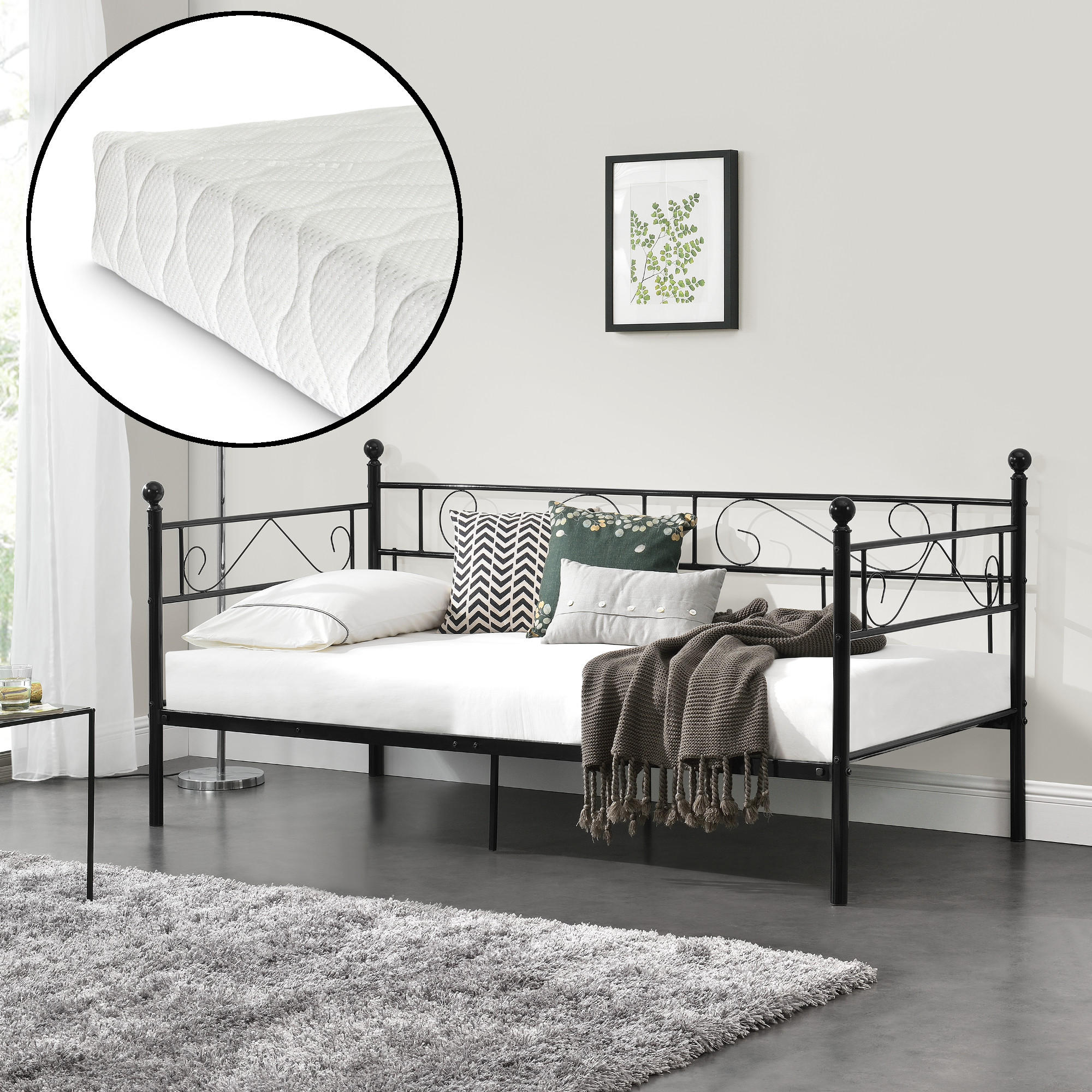 TAGESBETT Granada mit Matratze - Schwarz, Textil/Metall (90/200cm) - [en.casa]