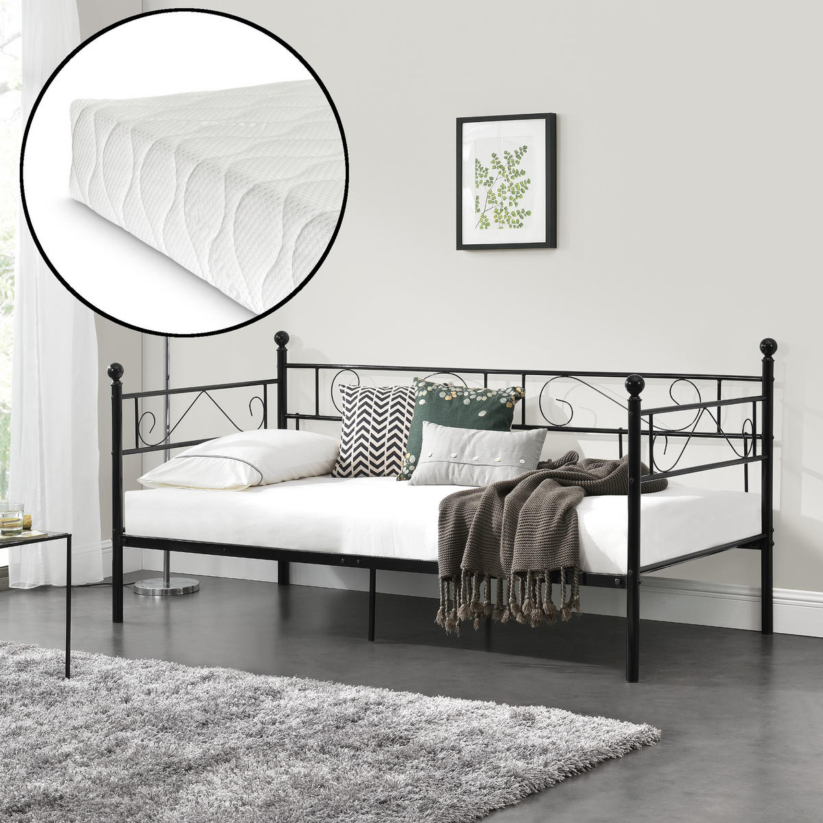 TAGESBETT Granada mit Matratze - Schwarz, Textil/Metall (90/200cm) - [en.casa]