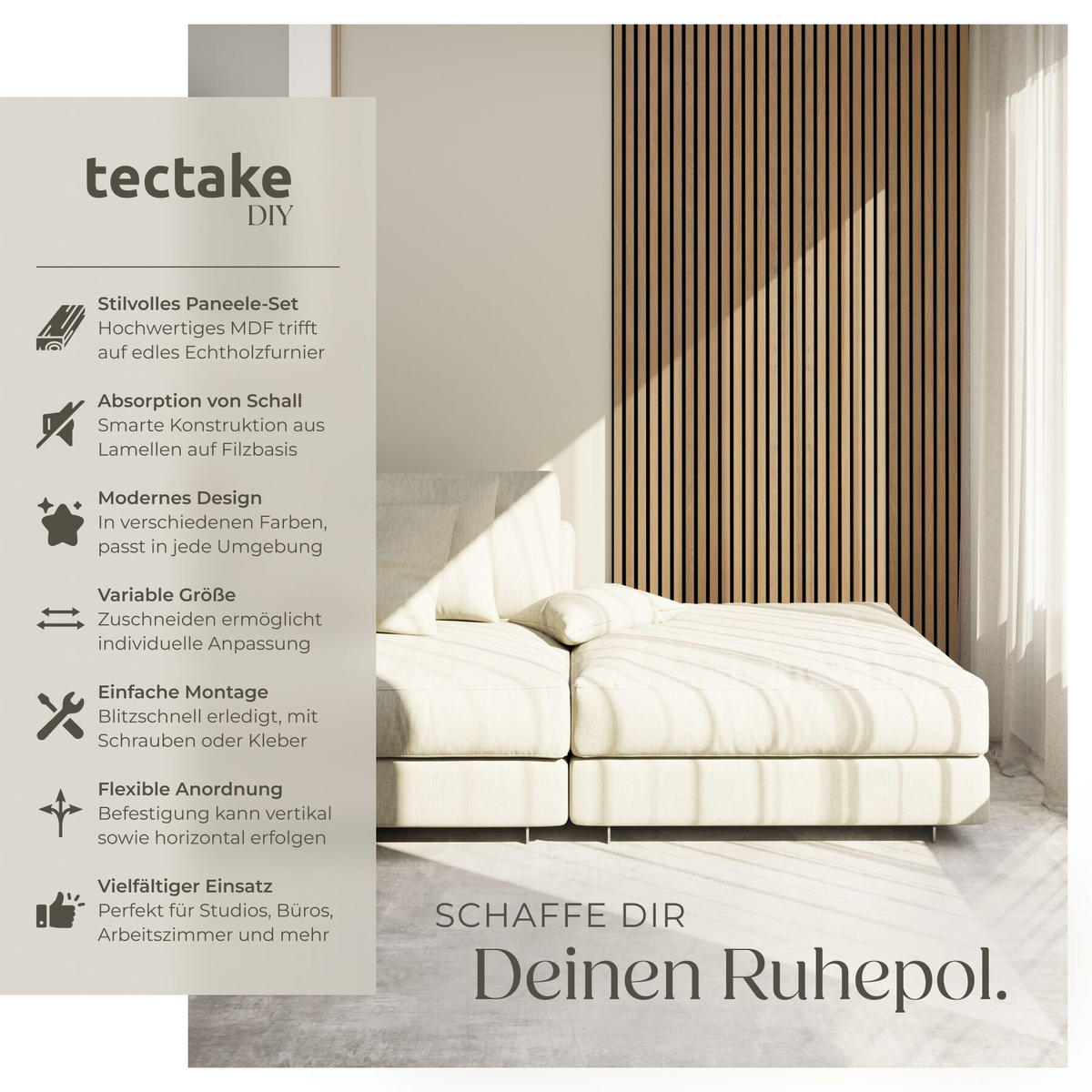 AKUSTIKPANEELE 8er Set Sonic Wall Iv, je 110 x 50 x 1,1 cm, Größe flexibel anpassbar, Eiche - Eichefarben, Holz (50/1.1/110cm) - tectake