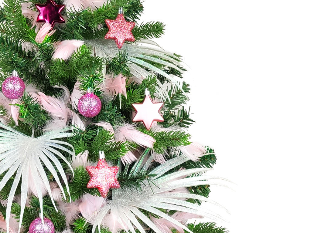 WEIHNACHTSBAUM künstlicher 60 cm mit LED-Beleuchtung, MÄRCHENSTERN, mit 27 Weihnachtsbaumschmuck, Pflanztopf mit Jutesack - Pink/Weiß, Kunststoff/Stein (40/60cm) - LAALU