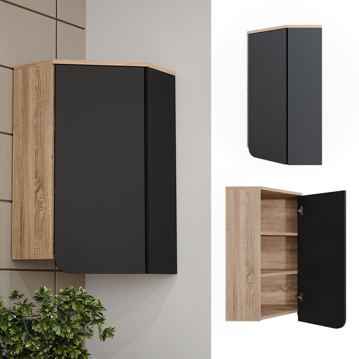 ECKHÄNGESCHRANK Karen Anthrazit 50 x 75 cm mit Tür und offenen Fächern - Anthrazit/Sonoma Eiche, Holzwerkstoff (42.4/75/42.4cm) - Vicco