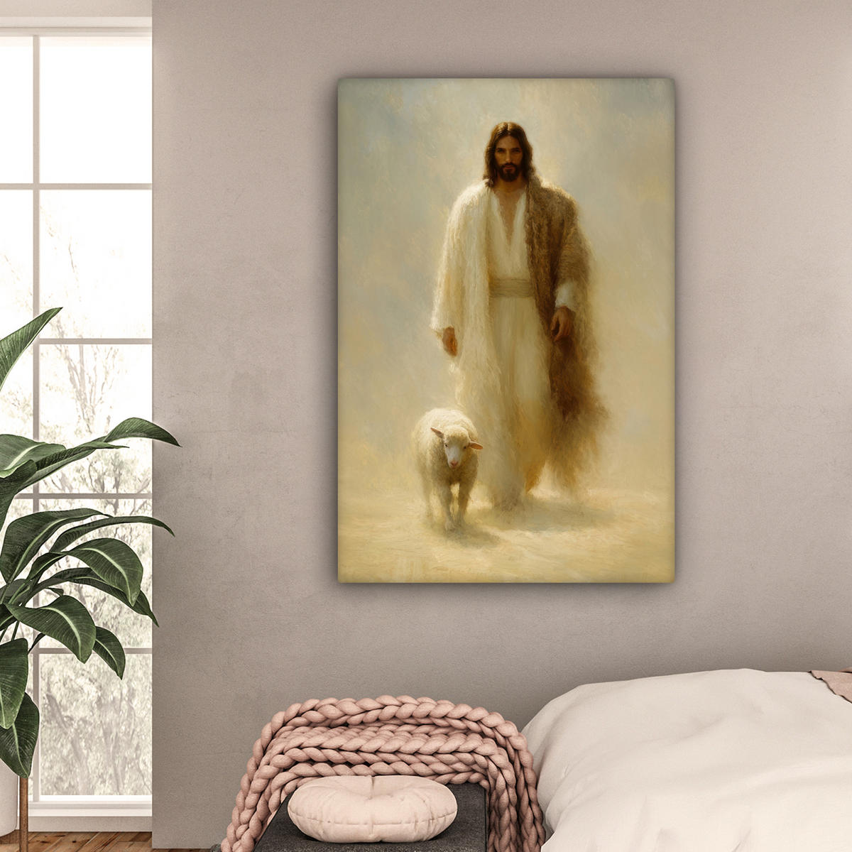 LEINWANDBILD Schaf - Jesus - Pinselstriche - Abstrakt Deko Groß 90x140 cm - Sandfarben, Textil (90/140cm) - MuchoWow